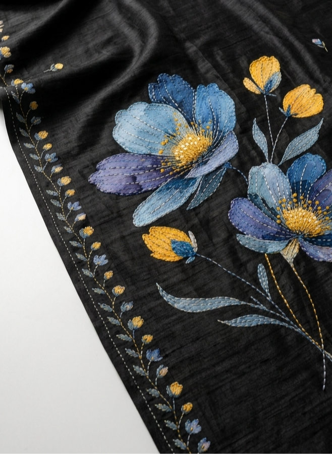 Black Hand-Painted Floral Pure Tussar Silk Saree with Kantha Stitch