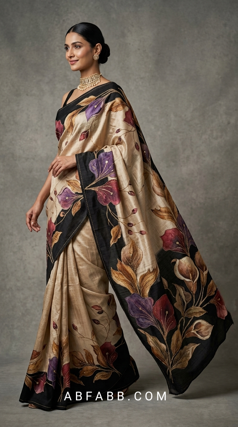 Champagne Beige & Black Hand-Painted Floral Pure Tussar Silk Saree with Kantha Stitch