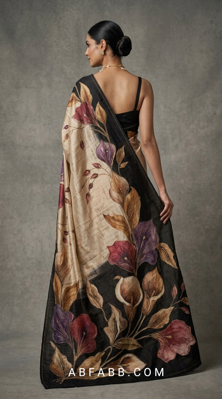 Champagne Beige & Black Hand-Painted Floral Pure Tussar Silk Saree with Kantha Stitch