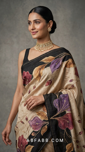 Champagne Beige & Black Hand-Painted Floral Pure Tussar Silk Saree with Kantha Stitch