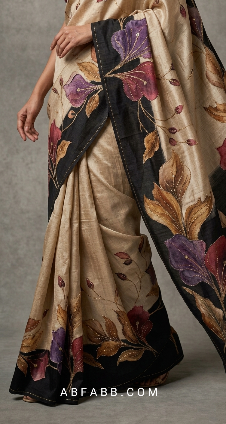 Champagne Beige & Black Hand-Painted Floral Pure Tussar Silk Saree with Kantha Stitch