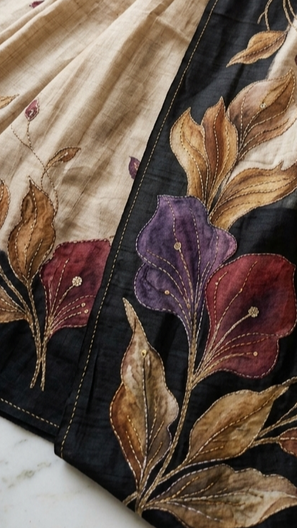 Champagne Beige & Black Hand-Painted Floral Pure Tussar Silk Saree with Kantha Stitch