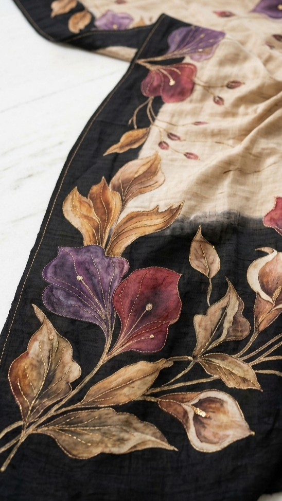 Champagne Beige & Black Hand-Painted Floral Pure Tussar Silk Saree with Kantha Stitch