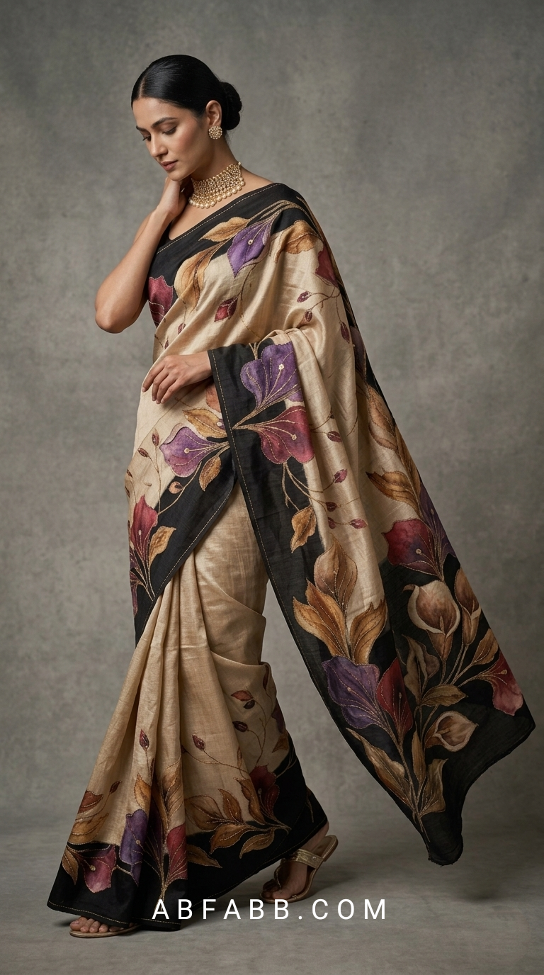 Champagne Beige & Black Hand-Painted Floral Pure Tussar Silk Saree with Kantha Stitch