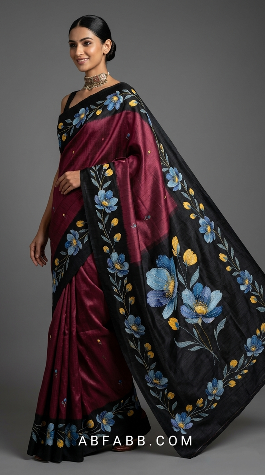 Wine Maroon & Black Hand-Painted Floral Pure Tussar Silk Saree with Kantha Stitch