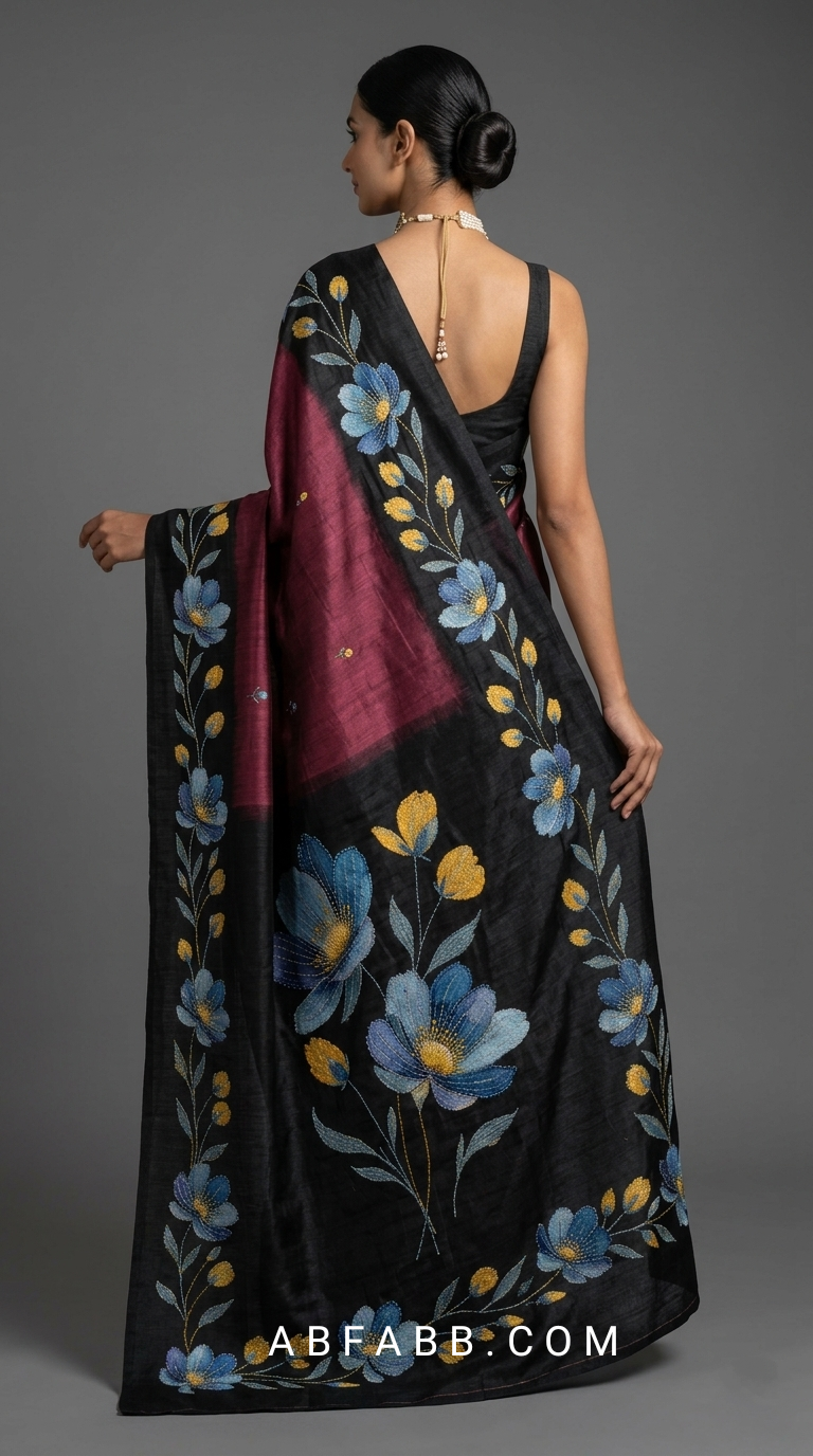 Wine Maroon & Black Hand-Painted Floral Pure Tussar Silk Saree with Kantha Stitch