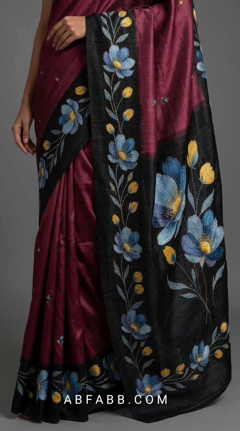 Wine Maroon & Black Hand-Painted Floral Pure Tussar Silk Saree with Kantha Stitch