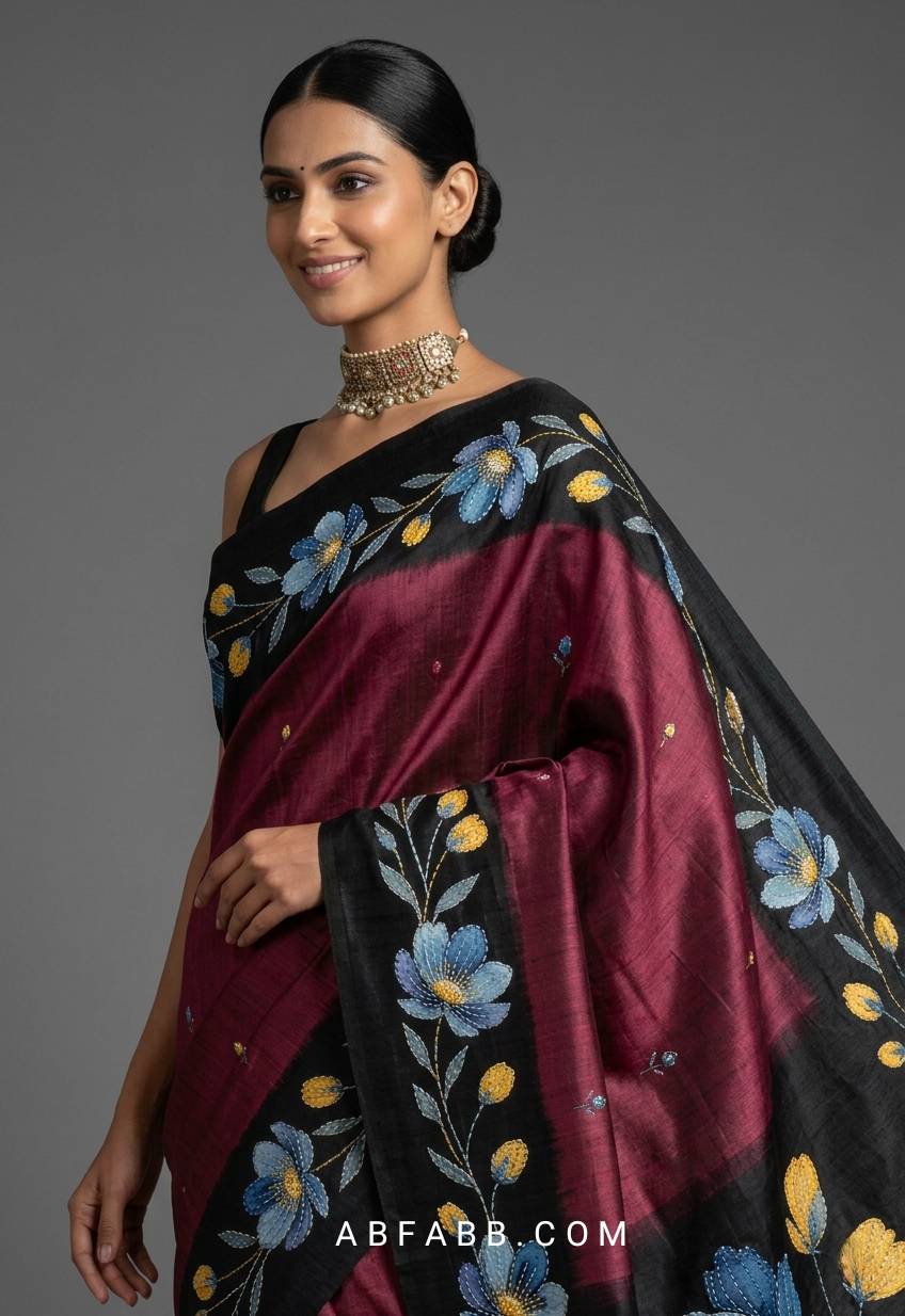 Wine Maroon & Black Hand-Painted Floral Pure Tussar Silk Saree with Kantha Stitch