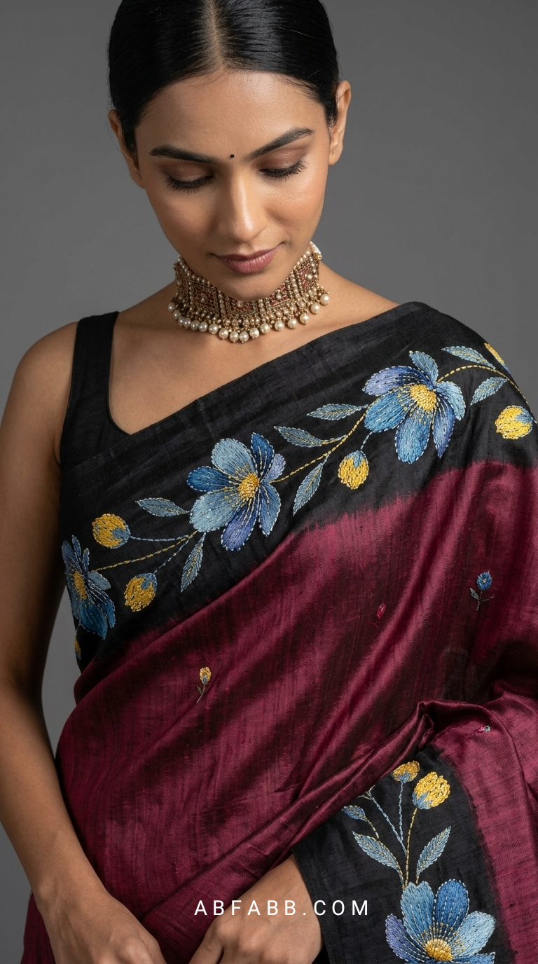 Wine Maroon & Black Hand-Painted Floral Pure Tussar Silk Saree with Kantha Stitch