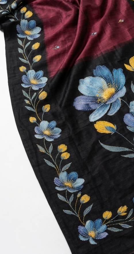 Wine Maroon & Black Hand-Painted Floral Pure Tussar Silk Saree with Kantha Stitch