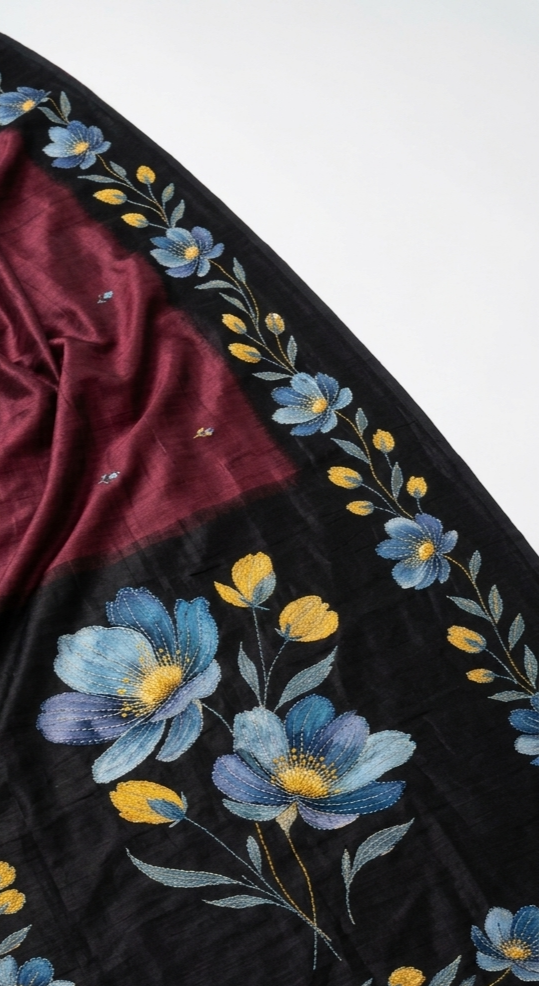 Wine Maroon & Black Hand-Painted Floral Pure Tussar Silk Saree with Kantha Stitch
