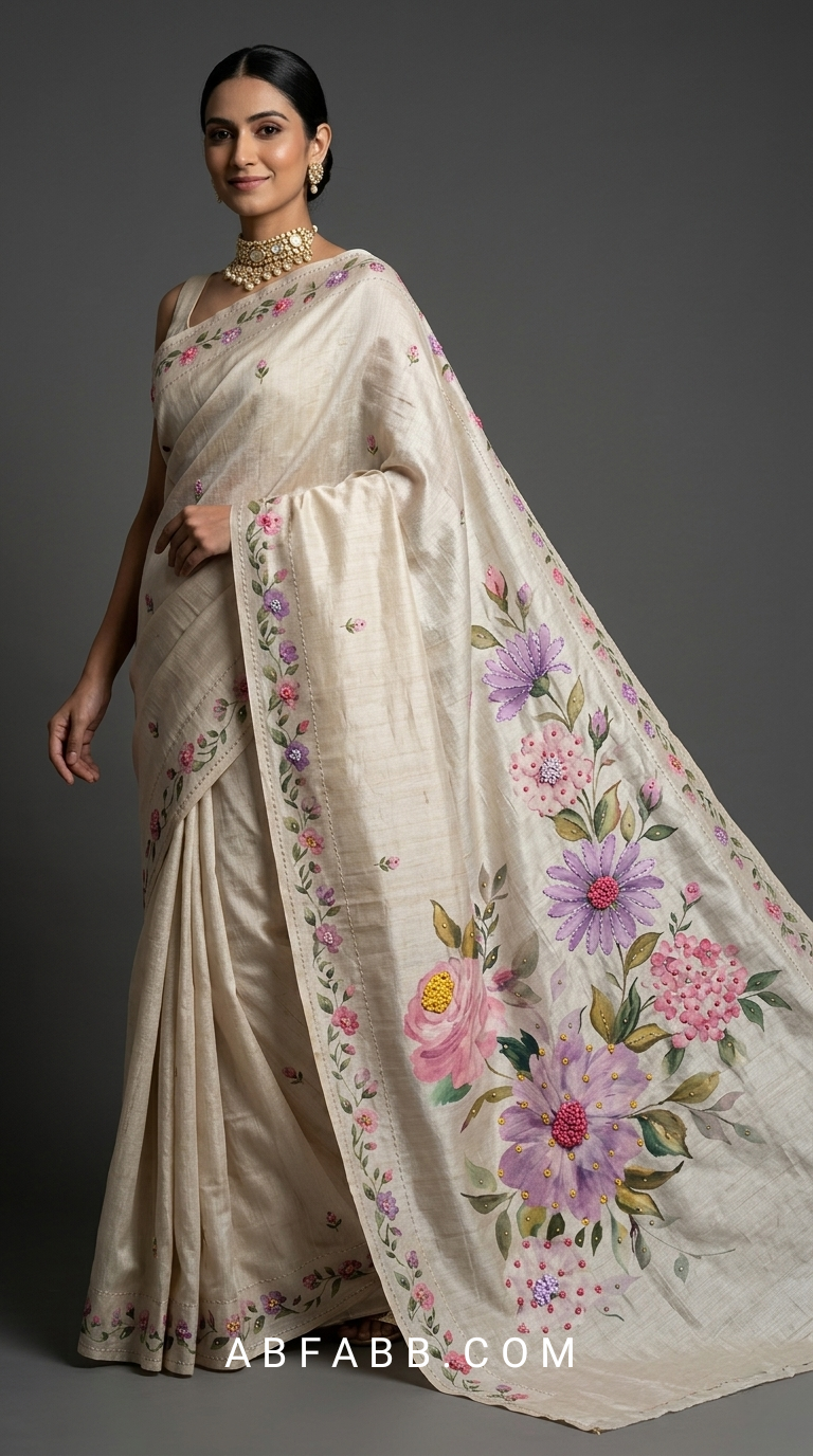 Ivory White Hand-Painted Floral Pure Tussar Silk Saree with Kantha Stitch