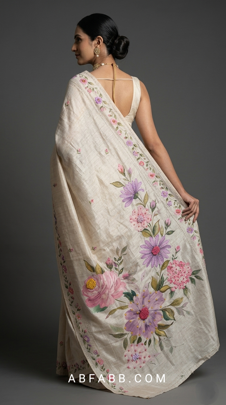 Ivory White Hand-Painted Floral Pure Tussar Silk Saree with Kantha Stitch