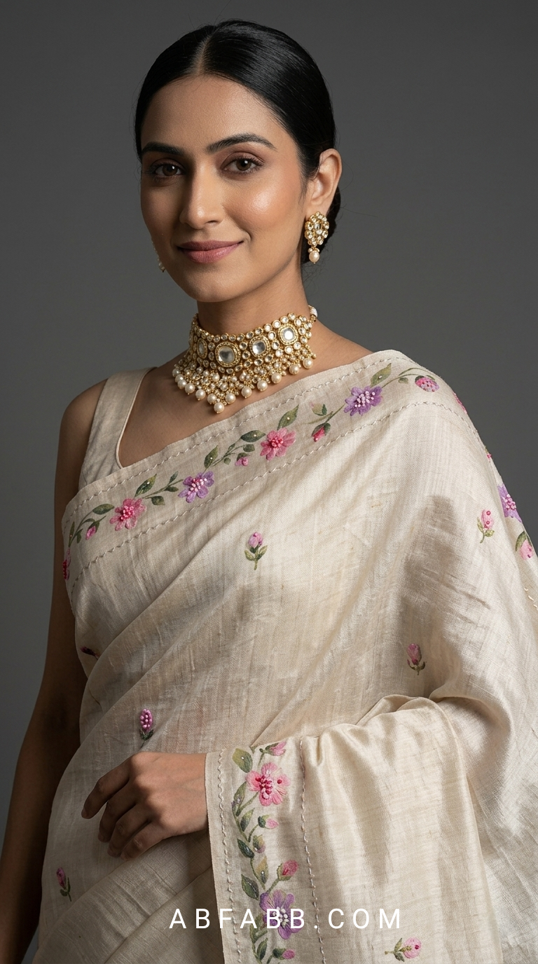 Ivory White Hand-Painted Floral Pure Tussar Silk Saree with Kantha Stitch