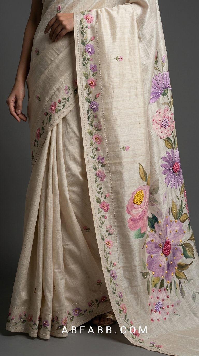 Ivory White Hand-Painted Floral Pure Tussar Silk Saree with Kantha Stitch