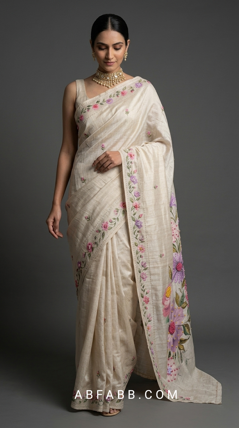 Ivory White Hand-Painted Floral Pure Tussar Silk Saree with Kantha Stitch
