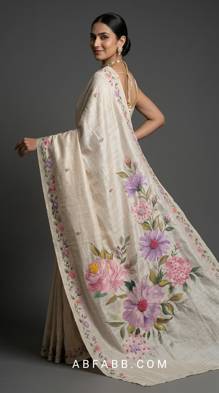 Ivory White Hand-Painted Floral Pure Tussar Silk Saree with Kantha Stitch