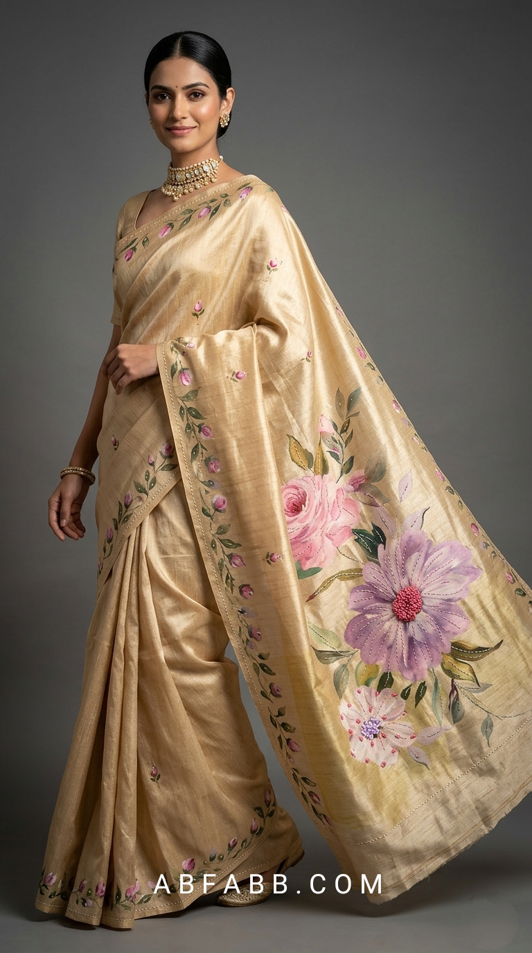 Golden Beige Hand-Painted Floral Pure Tussar Silk Saree with Kantha Stitch