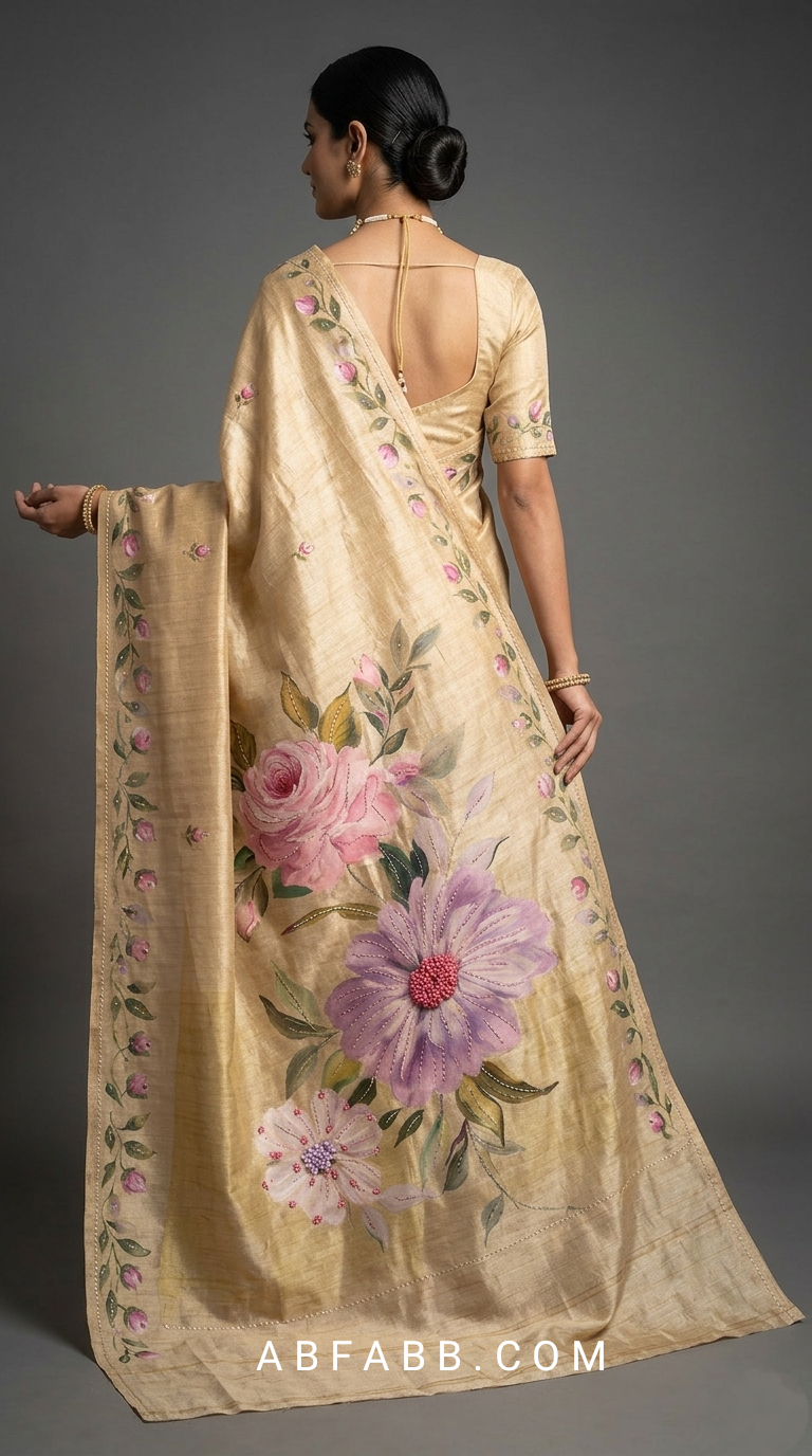 Golden Beige Hand-Painted Floral Pure Tussar Silk Saree with Kantha Stitch
