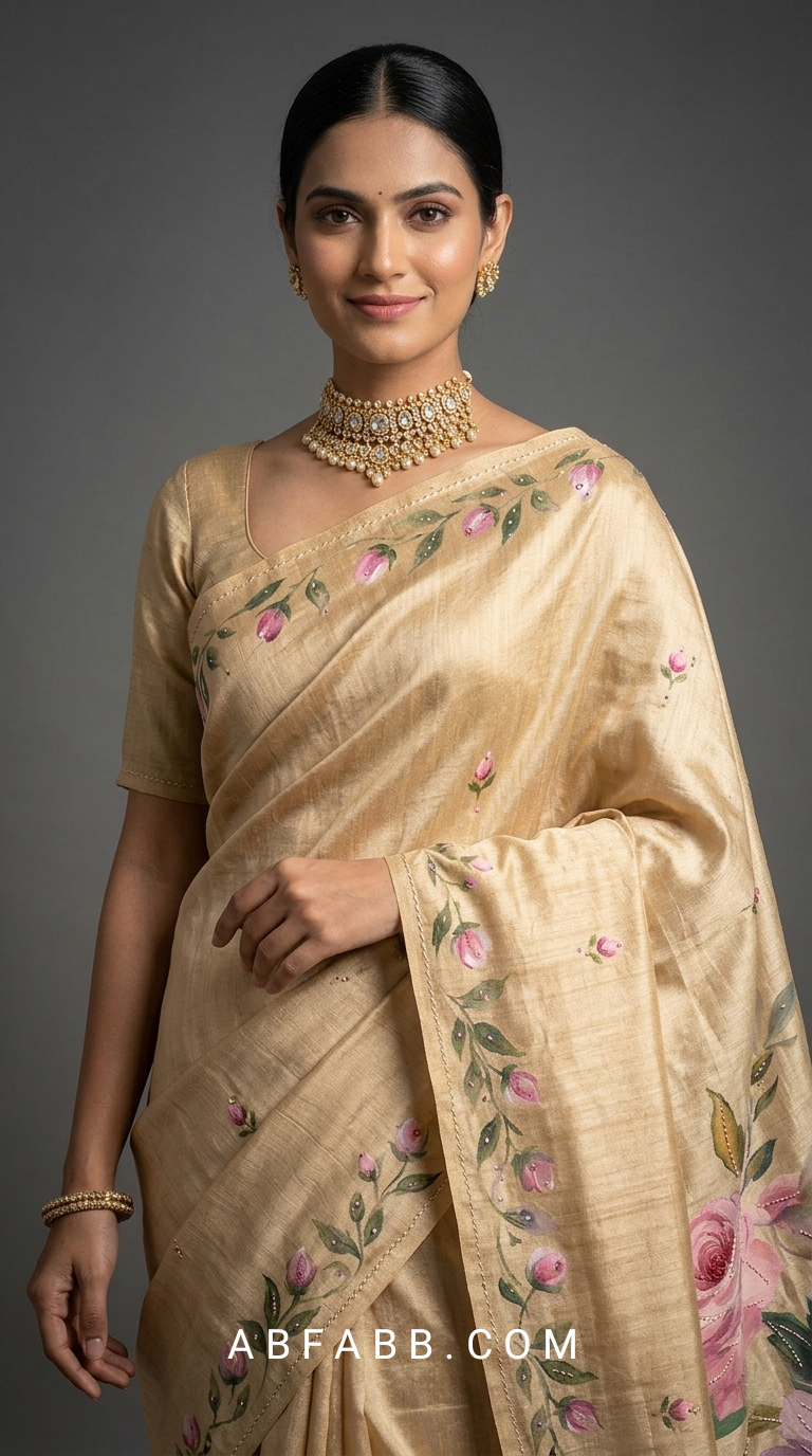 Golden Beige Hand-Painted Floral Pure Tussar Silk Saree with Kantha Stitch