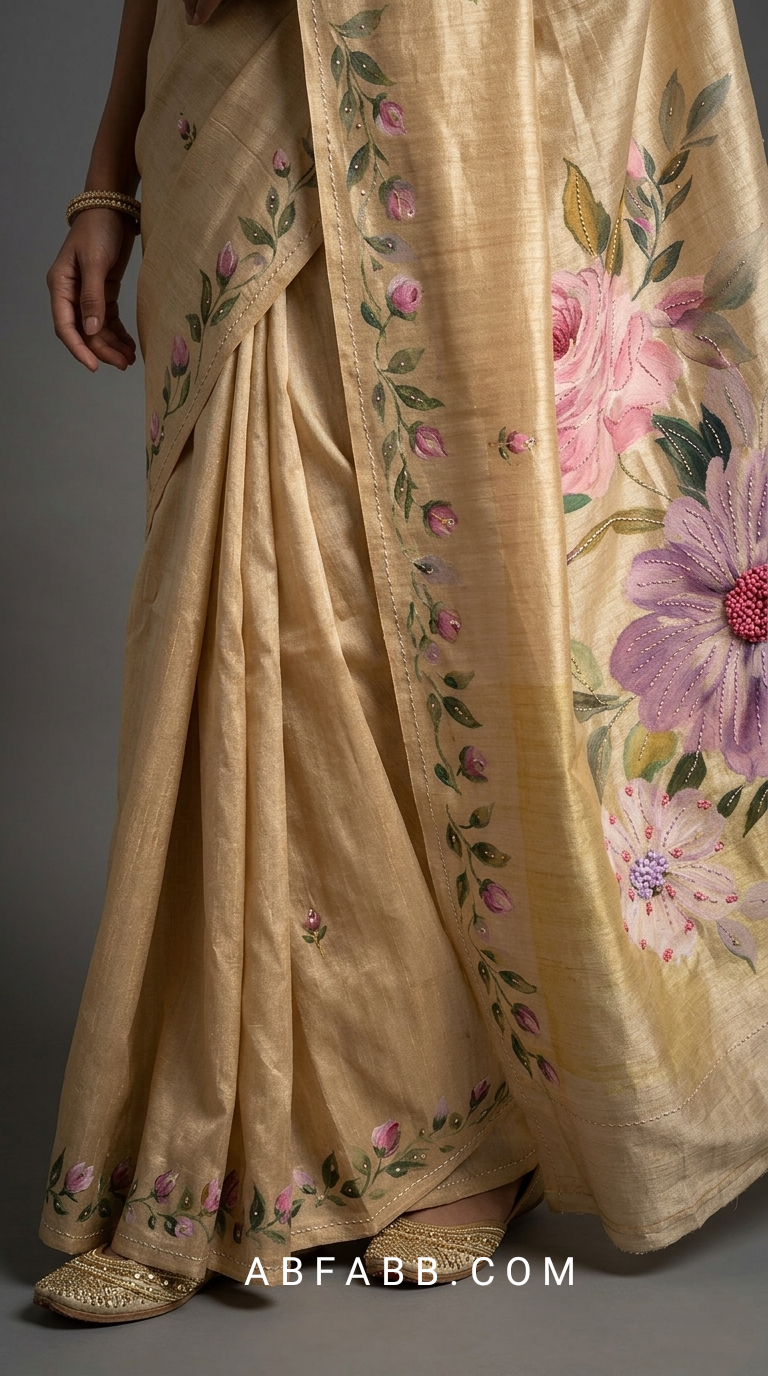 Golden Beige Hand-Painted Floral Pure Tussar Silk Saree with Kantha Stitch