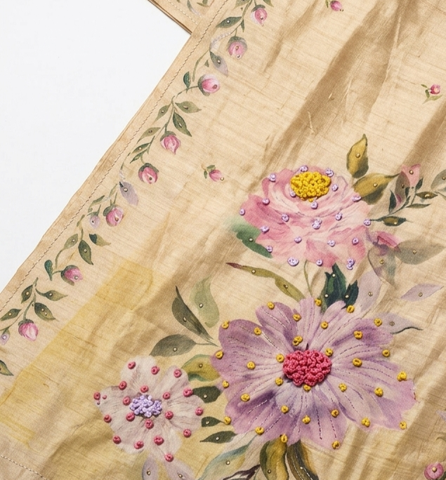 Golden Beige Hand-Painted Floral Pure Tussar Silk Saree with Kantha Stitch