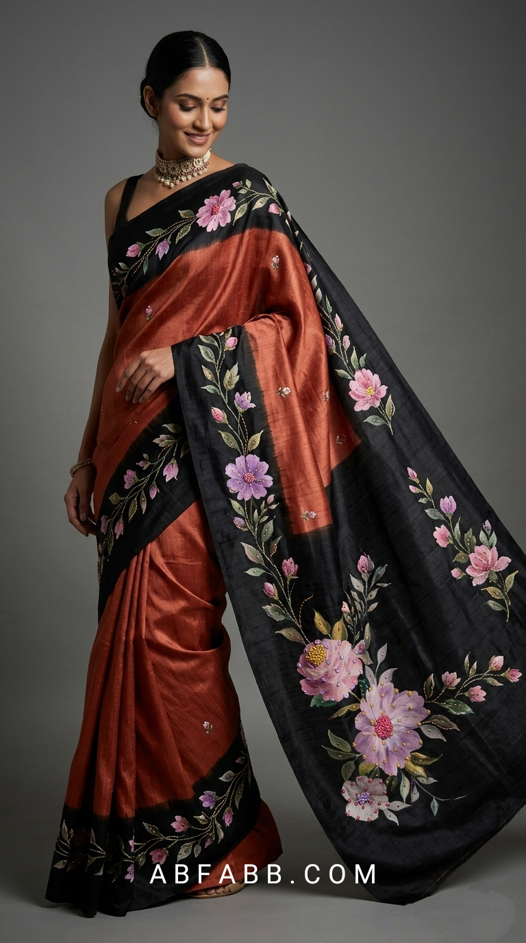 Rust Copper & Black Hand-Painted Floral Pure Tussar Silk Saree with Kantha Stitch