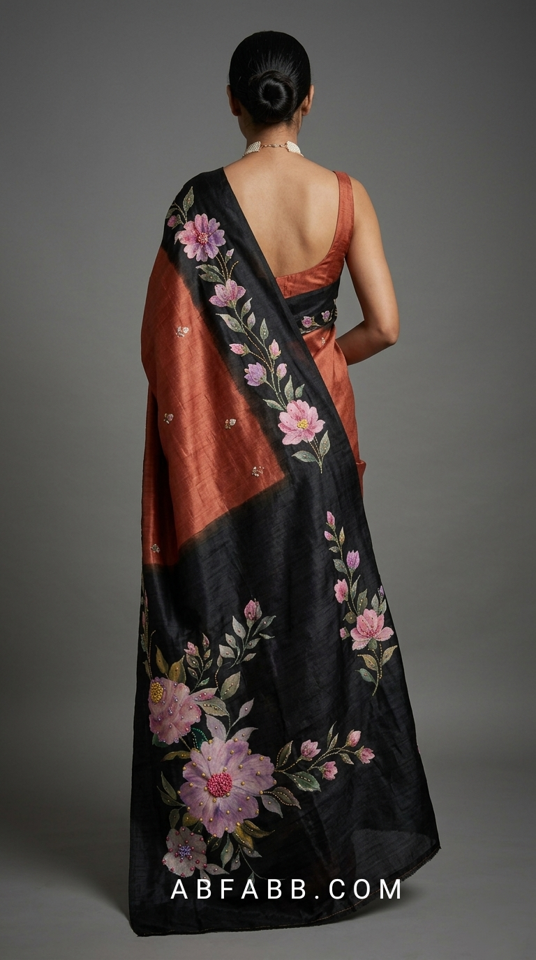Rust Copper & Black Hand-Painted Floral Pure Tussar Silk Saree with Kantha Stitch