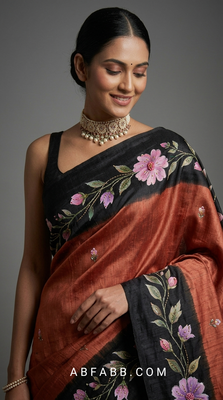 Rust Copper & Black Hand-Painted Floral Pure Tussar Silk Saree with Kantha Stitch