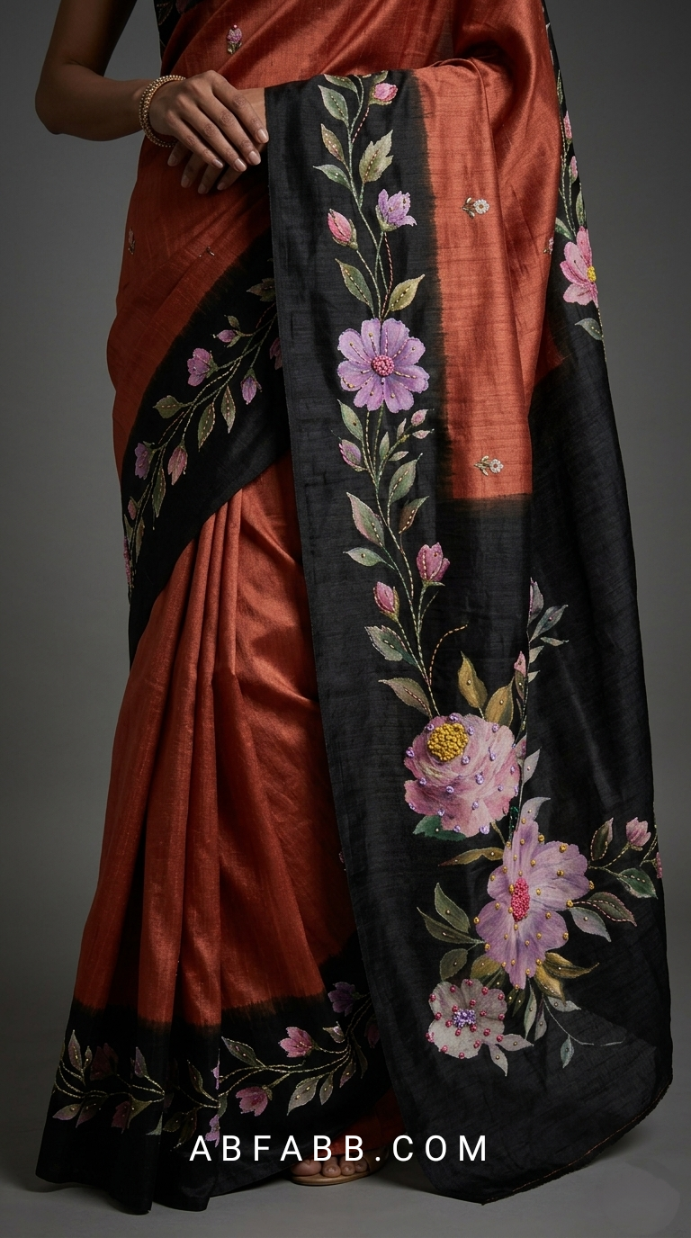 Rust Copper & Black Hand-Painted Floral Pure Tussar Silk Saree with Kantha Stitch