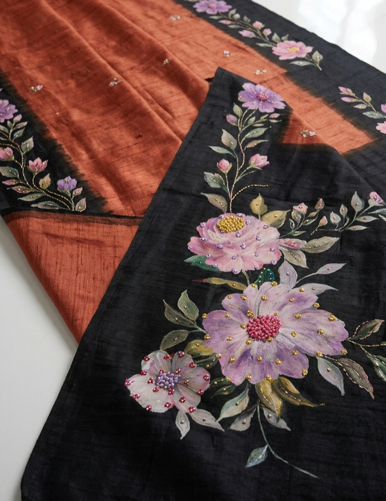 Rust Copper & Black Hand-Painted Floral Pure Tussar Silk Saree with Kantha Stitch