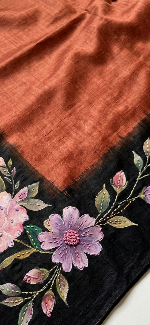 Rust Copper & Black Hand-Painted Floral Pure Tussar Silk Saree with Kantha Stitch