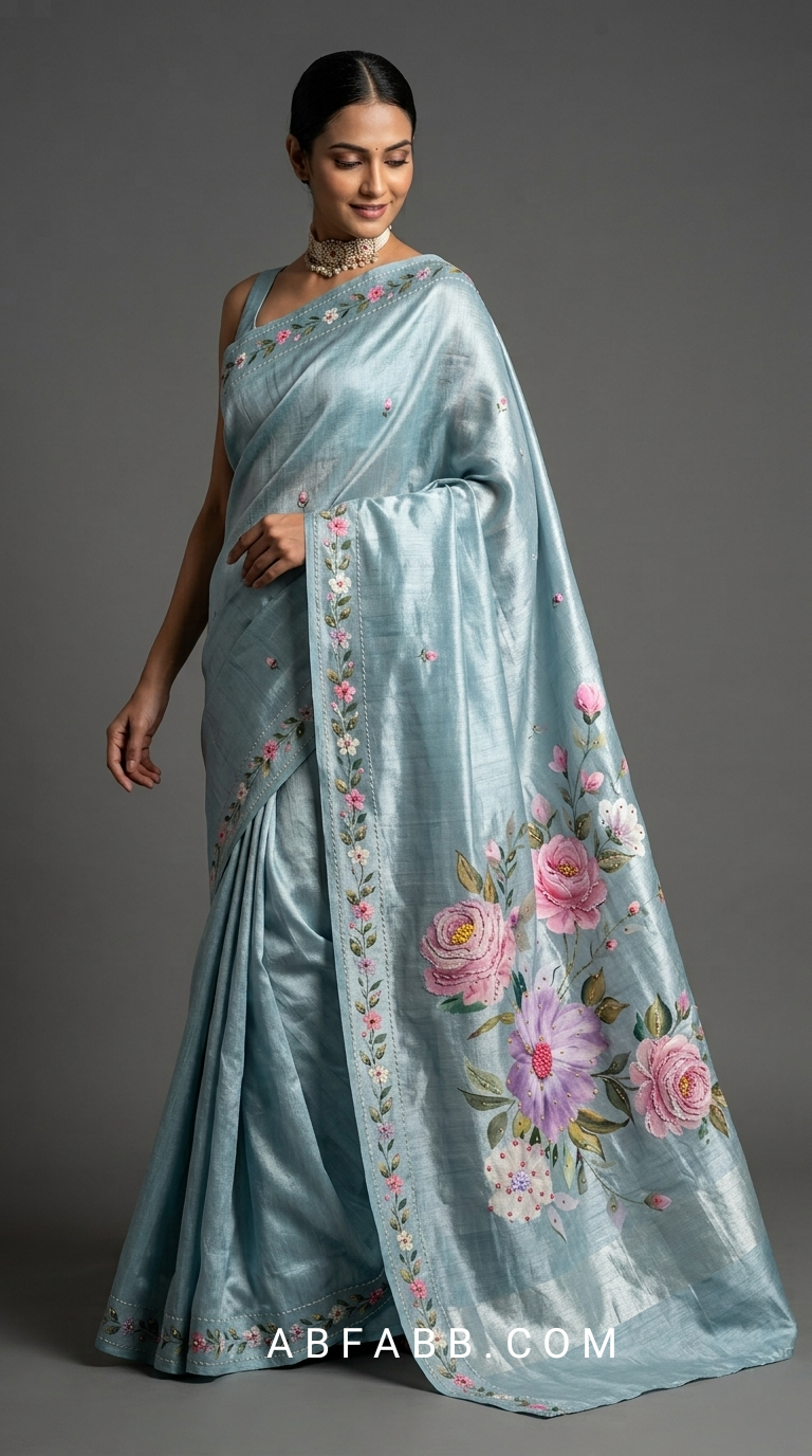 Powder Blue Hand-Painted Floral Pure Tussar Silk Saree with Kantha Stitch