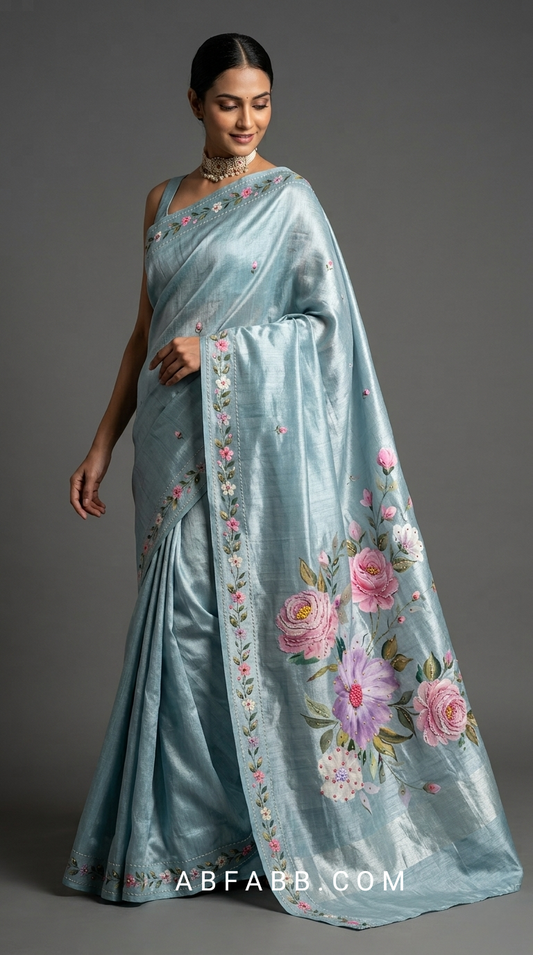 Powder Blue Hand-Painted Floral Pure Tussar Silk Saree with Kantha Stitch