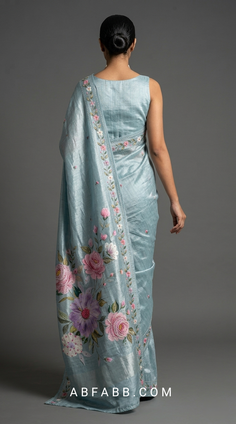 Powder Blue Hand-Painted Floral Pure Tussar Silk Saree with Kantha Stitch