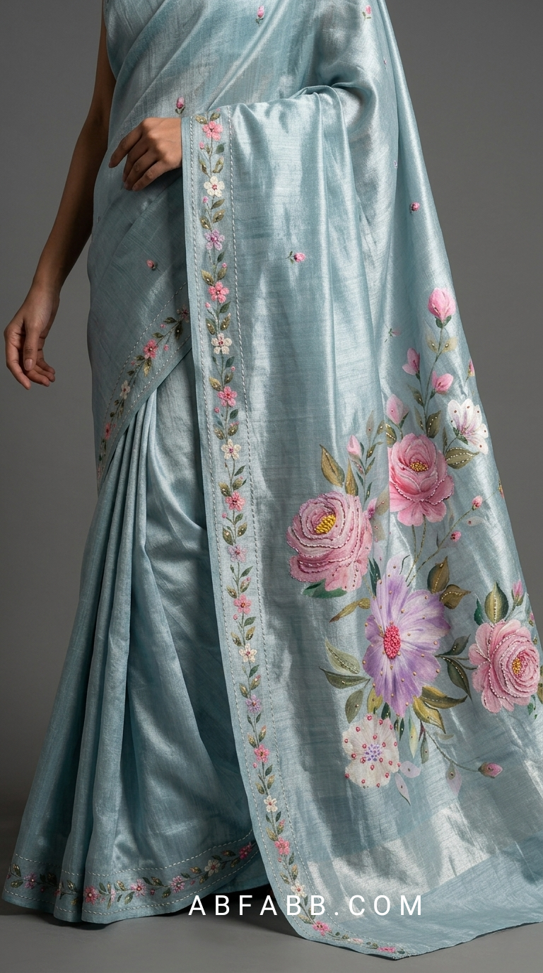 Powder Blue Hand-Painted Floral Pure Tussar Silk Saree with Kantha Stitch