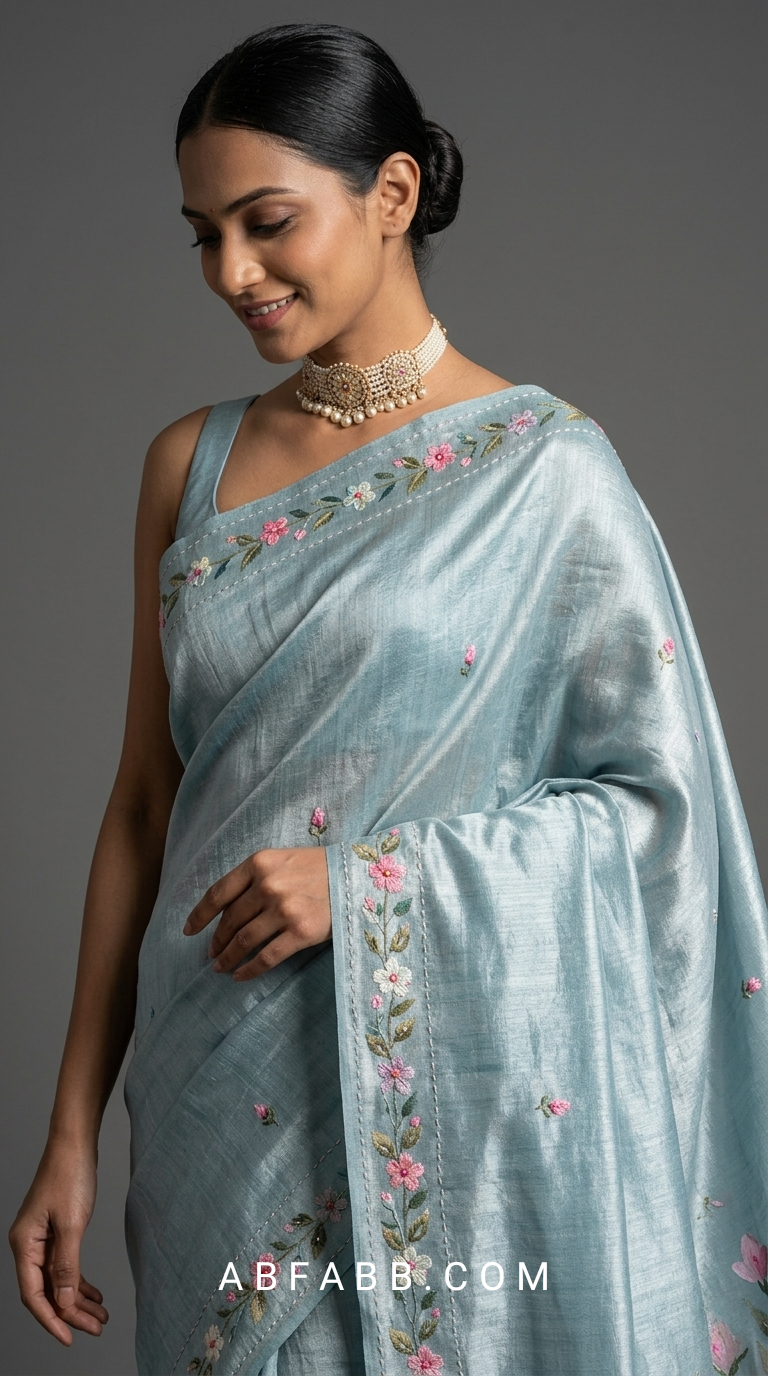Powder Blue Hand-Painted Floral Pure Tussar Silk Saree with Kantha Stitch