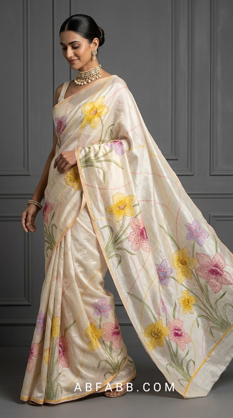 Ivory Cream Hand-Painted Floral Pure Tussar Silk Saree with Kantha Stitch