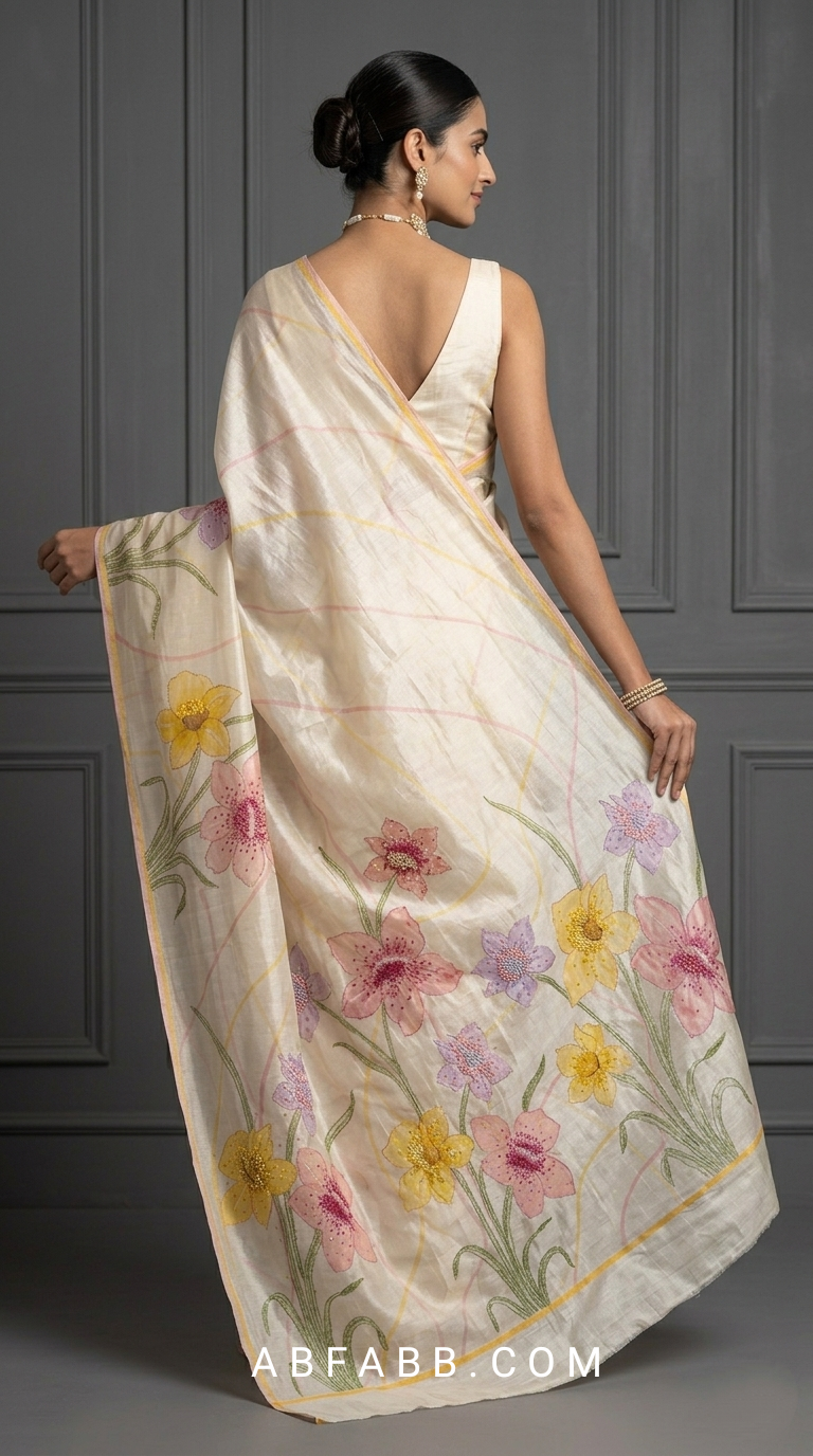 Ivory Cream Hand-Painted Floral Pure Tussar Silk Saree with Kantha Stitch