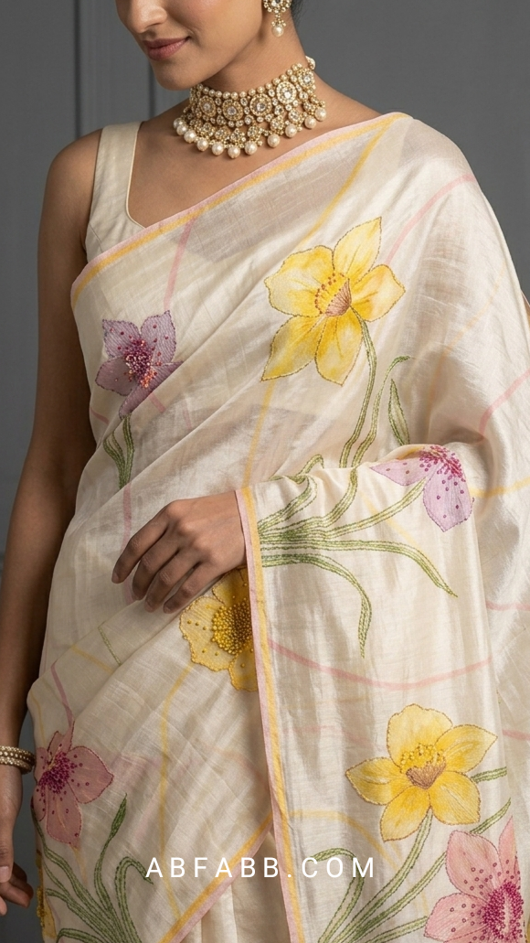 Ivory Cream Hand-Painted Floral Pure Tussar Silk Saree with Kantha Stitch