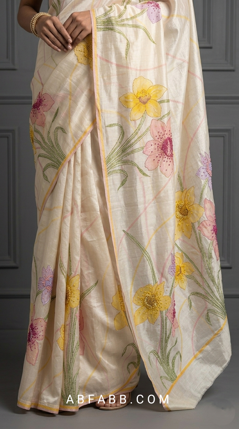 Ivory Cream Hand-Painted Floral Pure Tussar Silk Saree with Kantha Stitch
