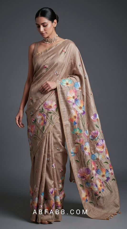 Taupe Brown Hand-Painted Floral Pure Tussar Silk Saree with Kantha Stitch