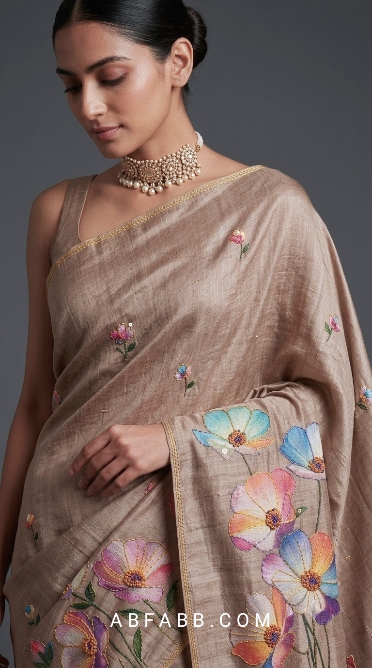 Taupe Brown Hand-Painted Floral Pure Tussar Silk Saree with Kantha Stitch