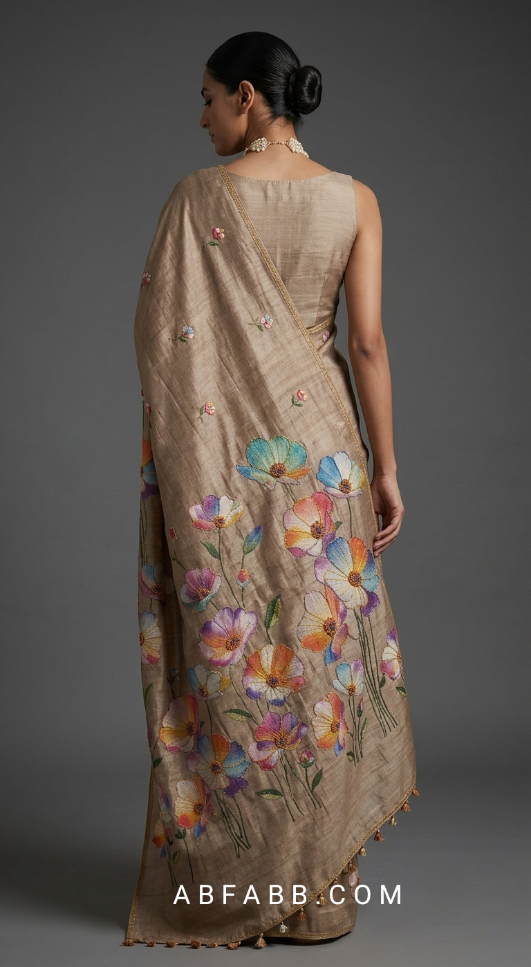 Taupe Brown Hand-Painted Floral Pure Tussar Silk Saree with Kantha Stitch