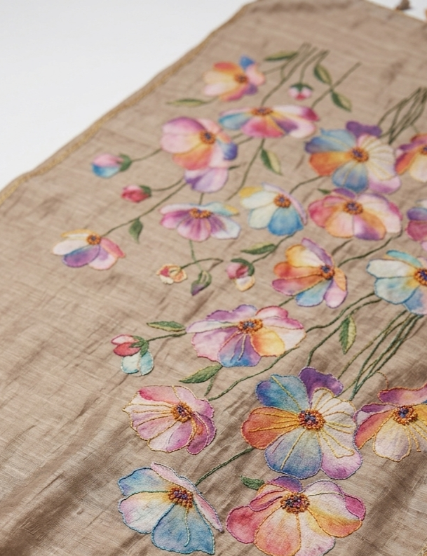 Taupe Brown Hand-Painted Floral Pure Tussar Silk Saree with Kantha Stitch