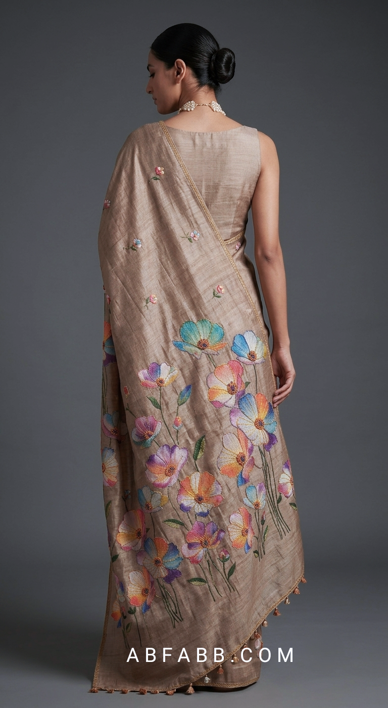 Taupe Brown Hand-Painted Floral Pure Tussar Silk Saree with Kantha Stitch