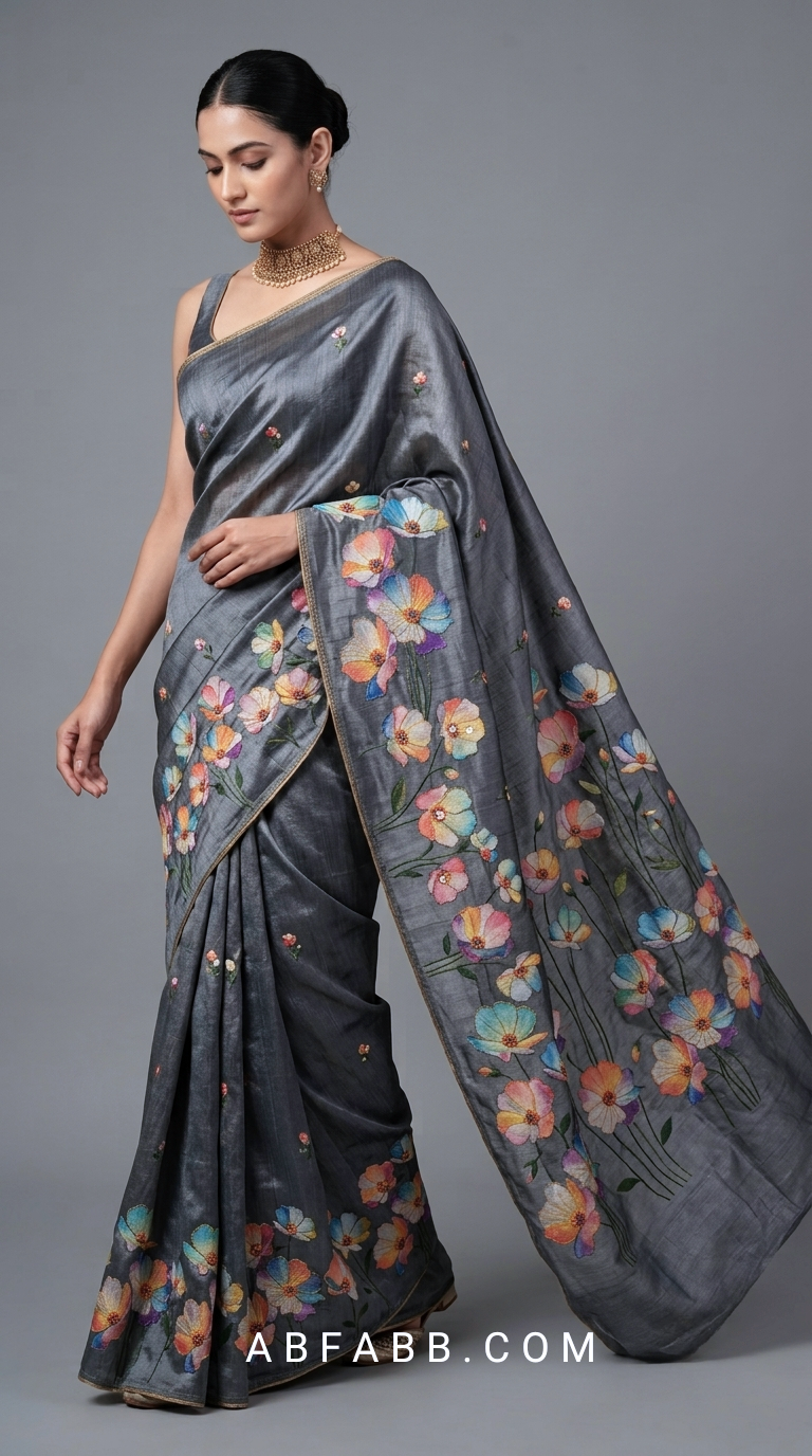 Charcoal Grey Hand-Painted Floral Pure Tussar Silk Saree with Kantha Stitch