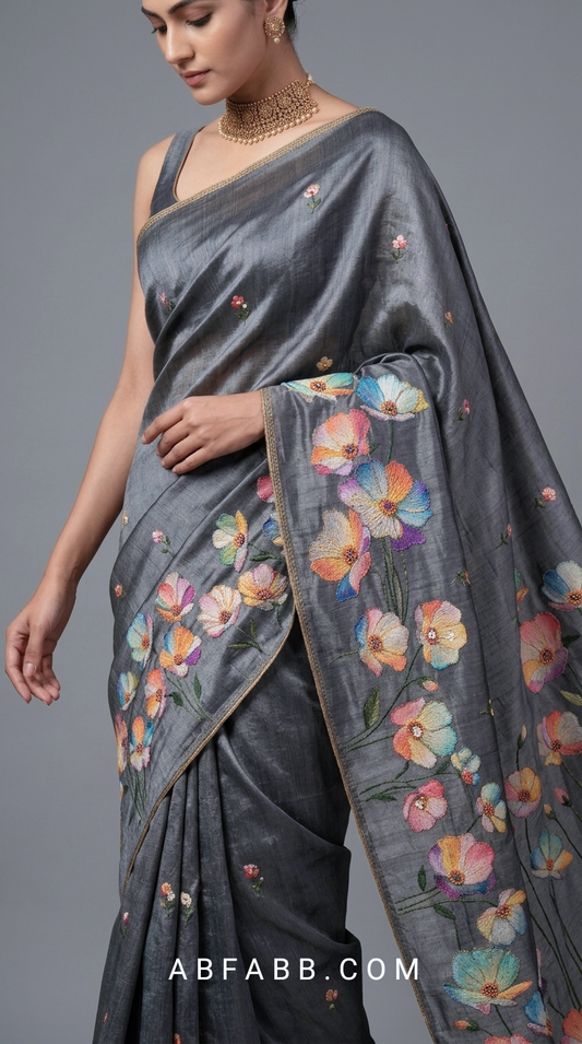 Charcoal Grey Hand-Painted Floral Pure Tussar Silk Saree with Kantha Stitch
