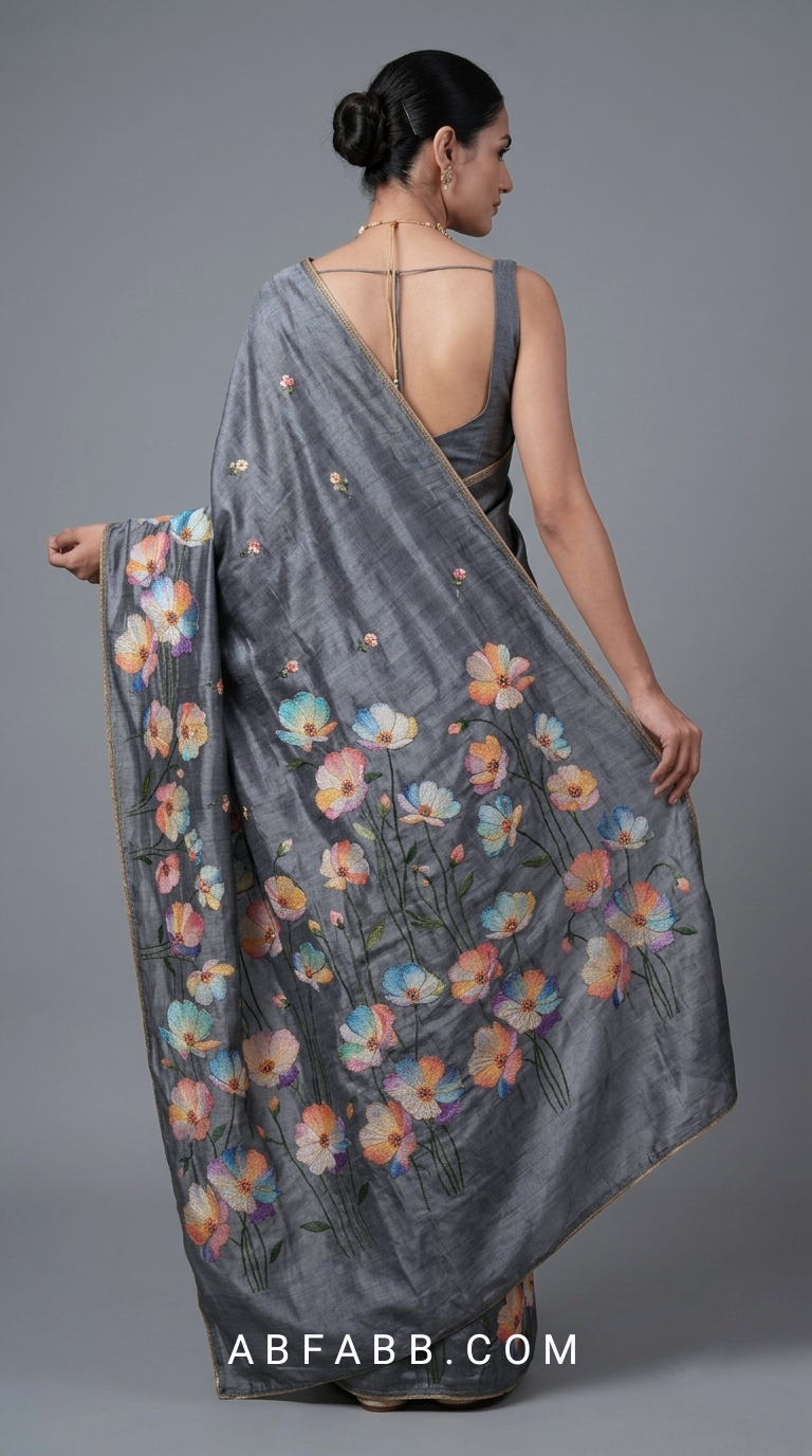 Charcoal Grey Hand-Painted Floral Pure Tussar Silk Saree with Kantha Stitch