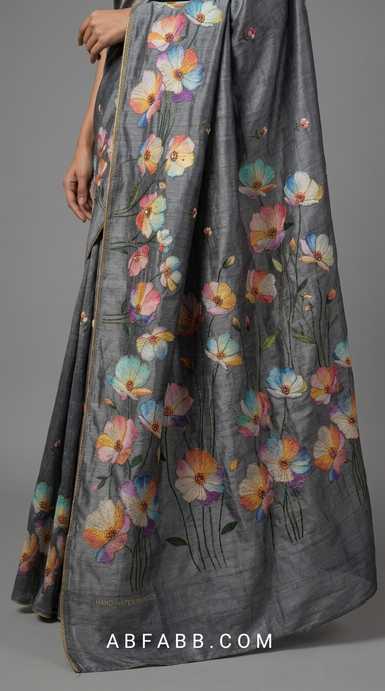 Charcoal Grey Hand-Painted Floral Pure Tussar Silk Saree with Kantha Stitch